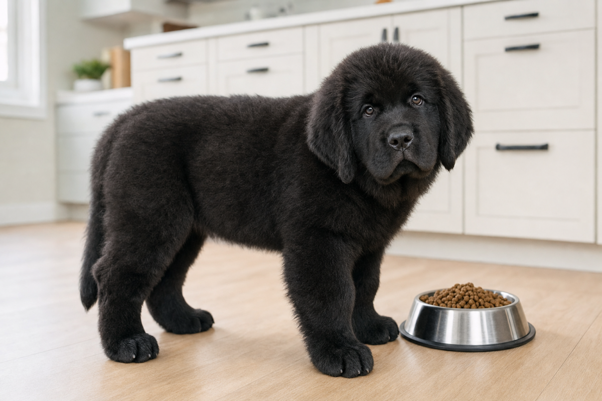 Black Newfoundland puppy standing beside a stainless steel bowl of kibble on a wooden kitchen floor