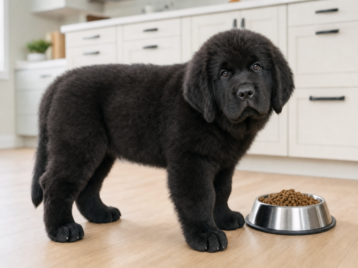 Black Newfoundland puppy standing beside a stainless steel bowl of kibble on a wooden kitchen floor