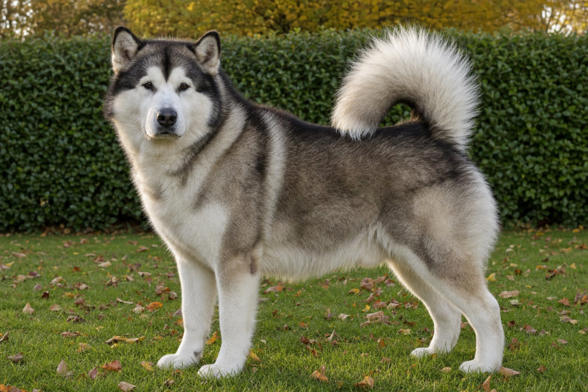 Mature grey and white Alaskan Malamute standing in profile on a green lawn scattered with fallen autumn leaves