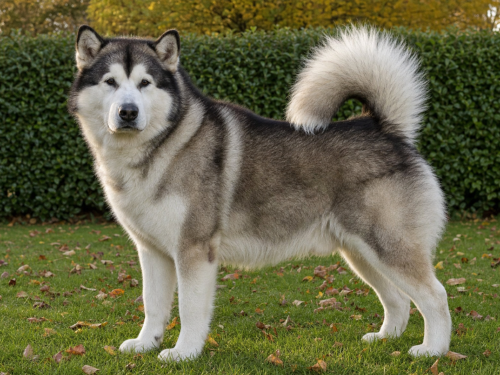 Mature grey and white Alaskan Malamute standing in profile on a green lawn scattered with fallen autumn leaves