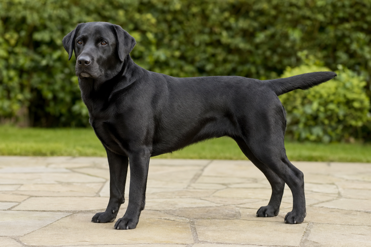 Lean adult black Labrador Retriever standing in side profile on a pale stone patio in front of a green hedge