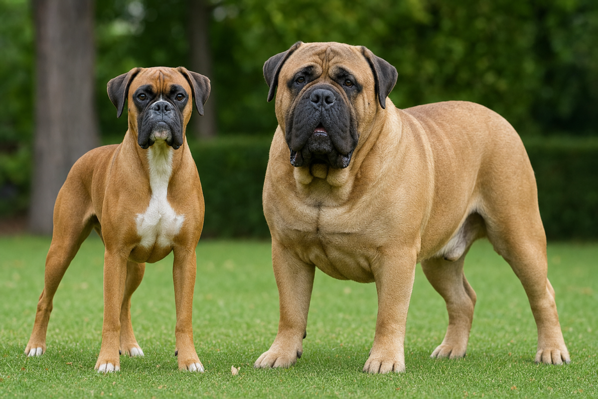Fawn Boxer standing beside a much heavier fawn Bullmastiff on a green park lawn
