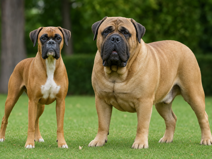 Fawn Boxer standing beside a much heavier fawn Bullmastiff on a green park lawn