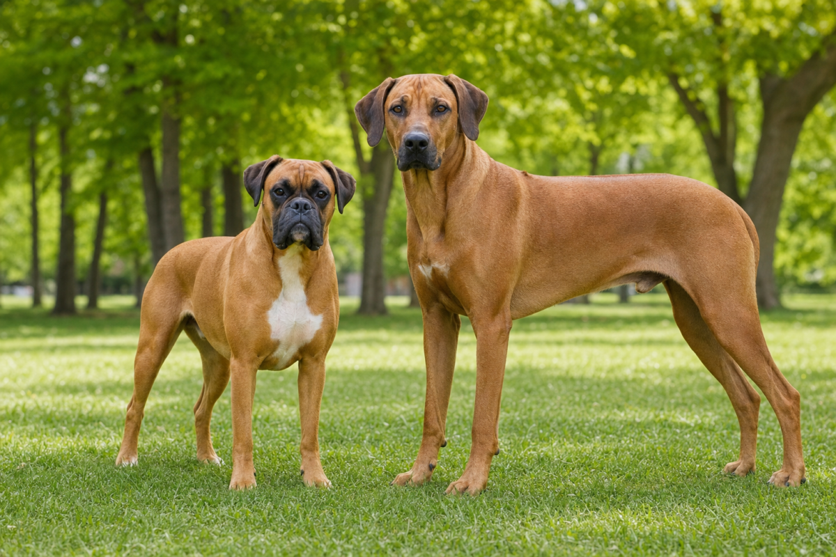 Fawn Boxer standing beside a taller Rhodesian Ridgeback on a green park lawn