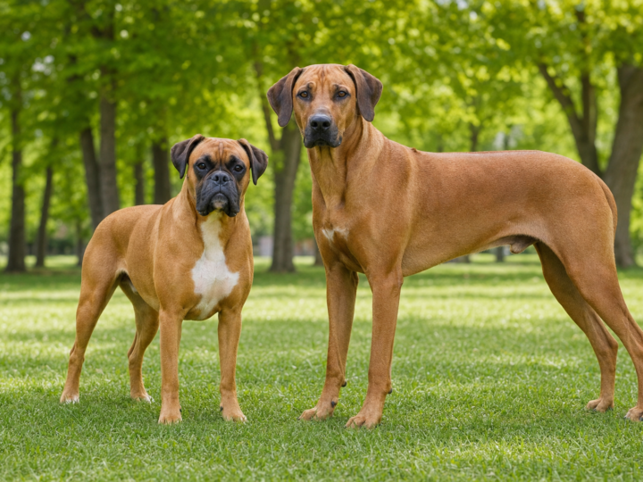 Fawn Boxer standing beside a taller Rhodesian Ridgeback on a green park lawn