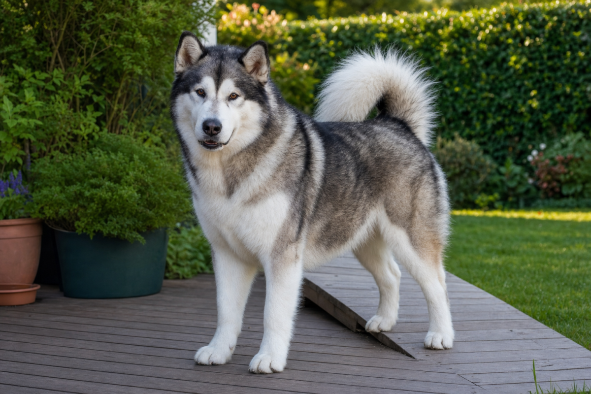Adult grey and white Alaskan Malamute standing on a wooden garden deck beside potted plants and a green hedge