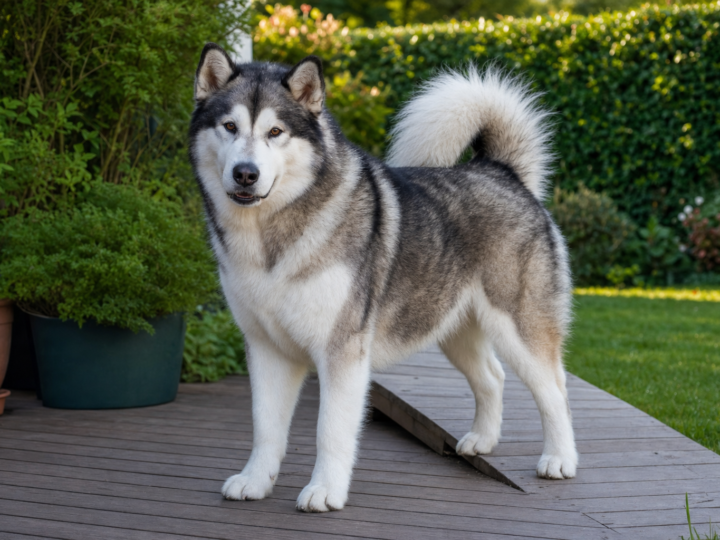 Adult grey and white Alaskan Malamute standing on a wooden garden deck beside potted plants and a green hedge