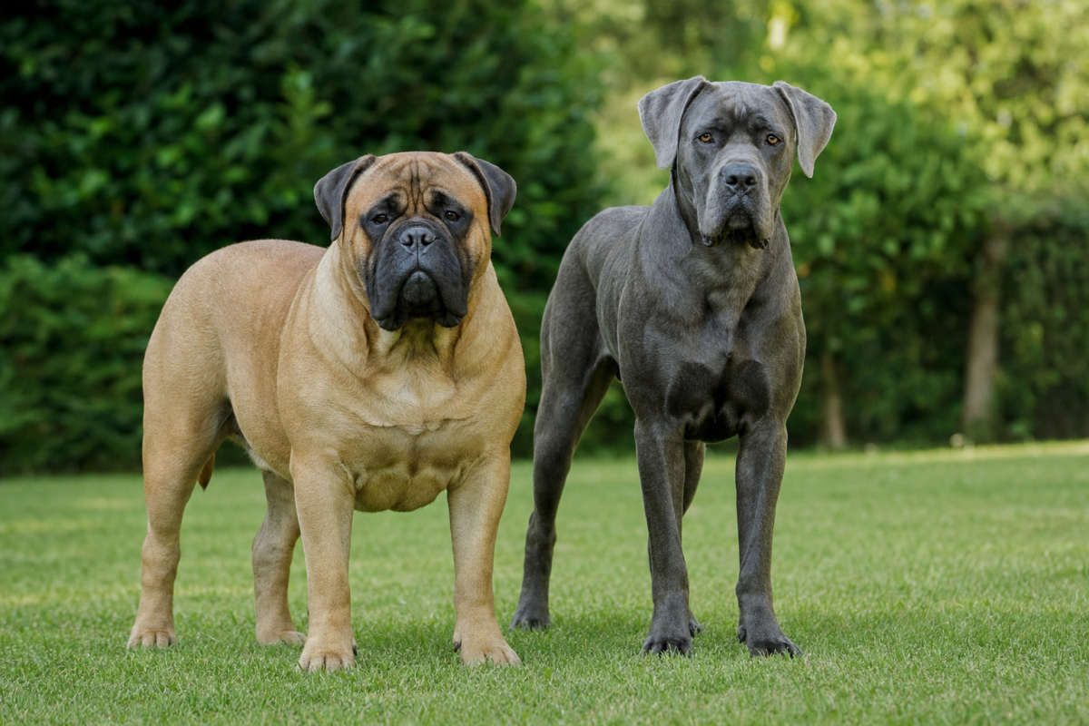 Fawn Bullmastiff standing beside a taller grey Cane Corso on a green grass lawn