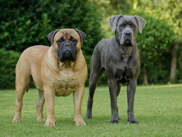 Fawn Bullmastiff standing beside a taller grey Cane Corso on a green grass lawn