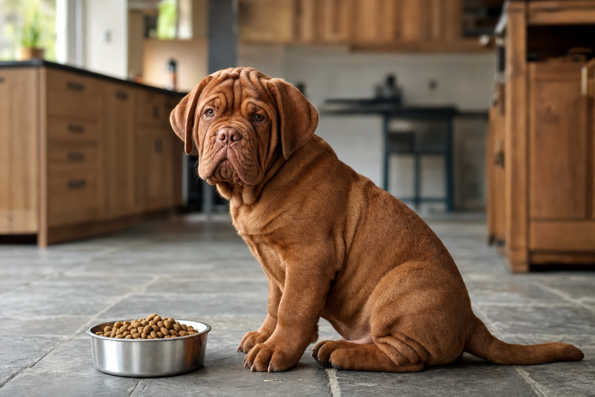 Red Dogue de Bordeaux puppy sitting on a grey stone kitchen floor beside a stainless steel bowl of dry kibble