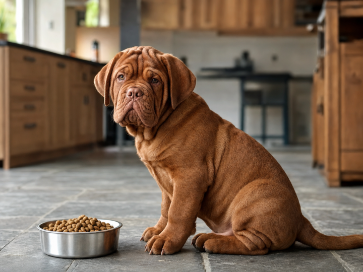 Red Dogue de Bordeaux puppy sitting on a grey stone kitchen floor beside a stainless steel bowl of dry kibble