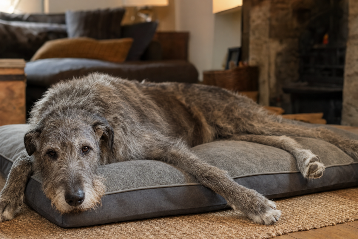 Senior grey Irish Wolfhound with a greying muzzle lying on a large orthopaedic dog bed at home