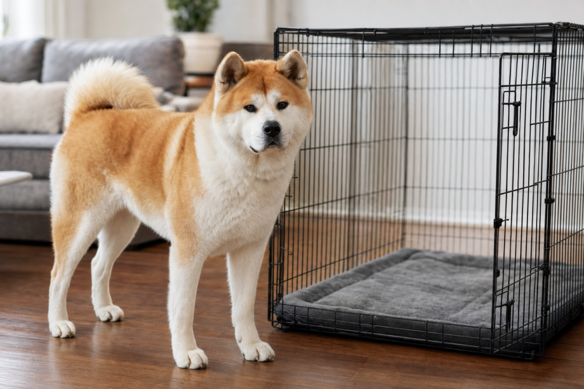 Adult red and white Akita standing on a wooden floor beside a large open black wire dog crate with a grey padded mat inside