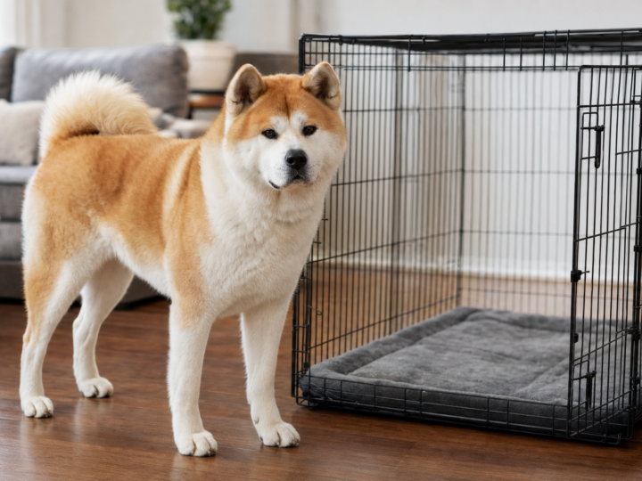 Adult red and white Akita standing on a wooden floor beside a large open black wire dog crate with a grey padded mat inside