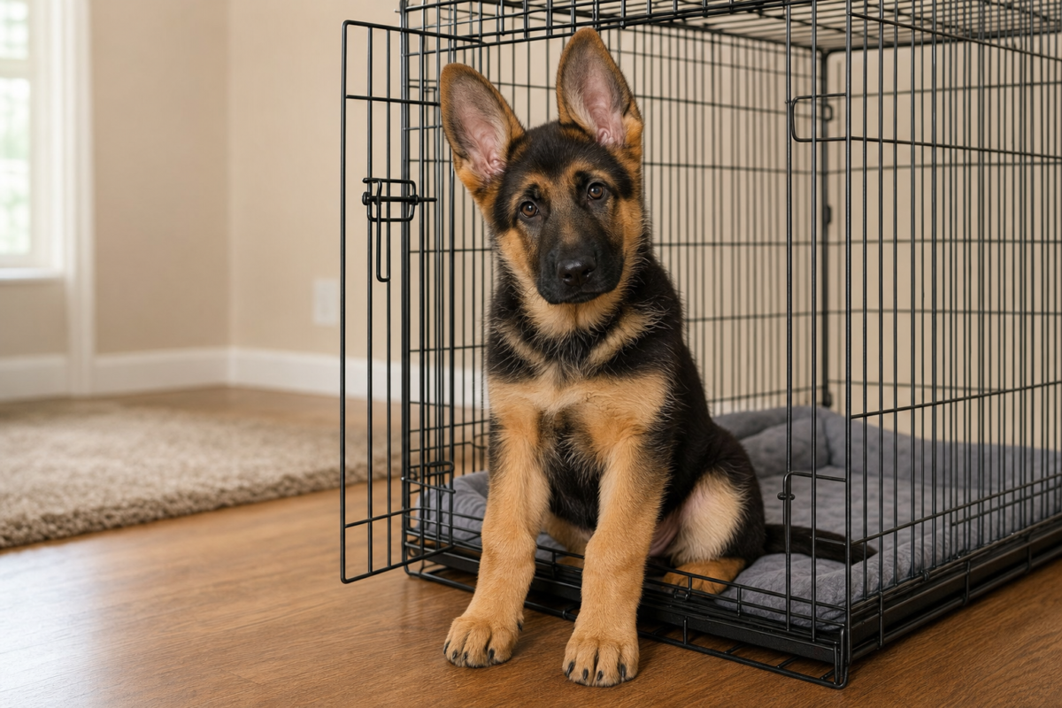 Black and tan German Shepherd puppy sitting inside an open black wire crate on a wooden floor