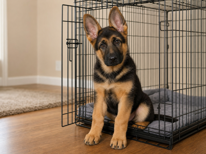 Black and tan German Shepherd puppy sitting inside an open black wire crate on a wooden floor