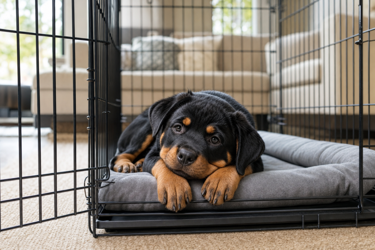 Rottweiler puppy lying on a grey padded mat inside an open black wire crate in a living room