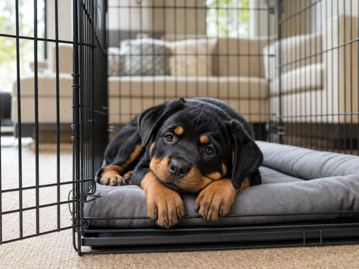 Rottweiler puppy lying on a grey padded mat inside an open black wire crate in a living room