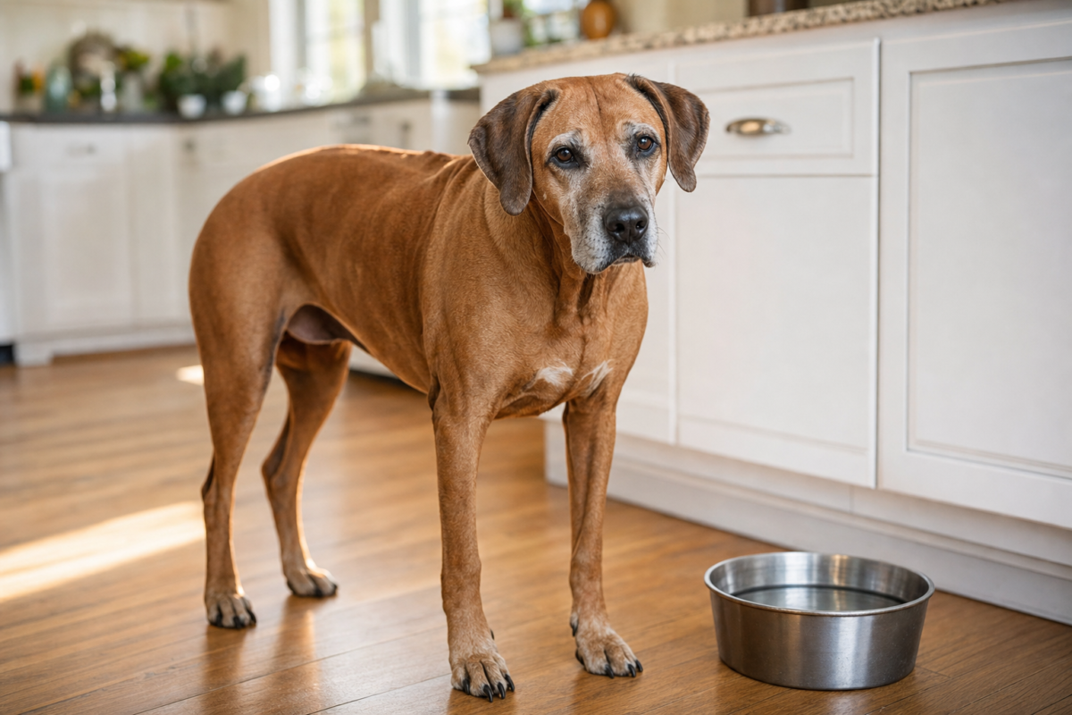 Senior Rhodesian Ridgeback with a greying muzzle standing on a wooden kitchen floor beside a stainless steel water bowl