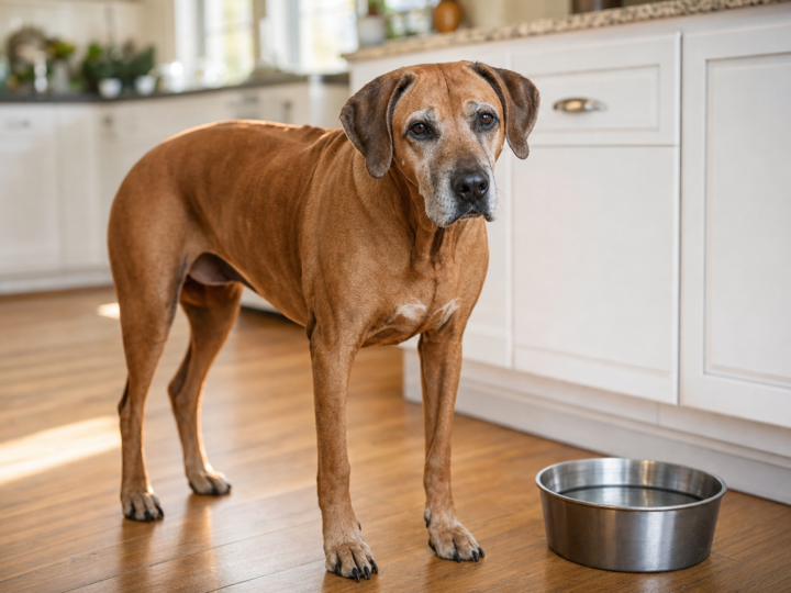 Senior Rhodesian Ridgeback with a greying muzzle standing on a wooden kitchen floor beside a stainless steel water bowl