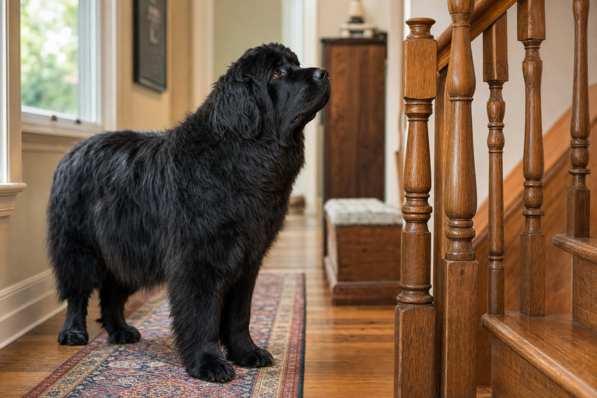Adult black Newfoundland standing on a runner rug at the bottom of a wooden indoor staircase