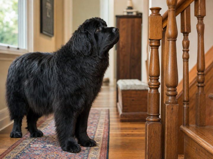 Adult black Newfoundland standing on a runner rug at the bottom of a wooden indoor staircase