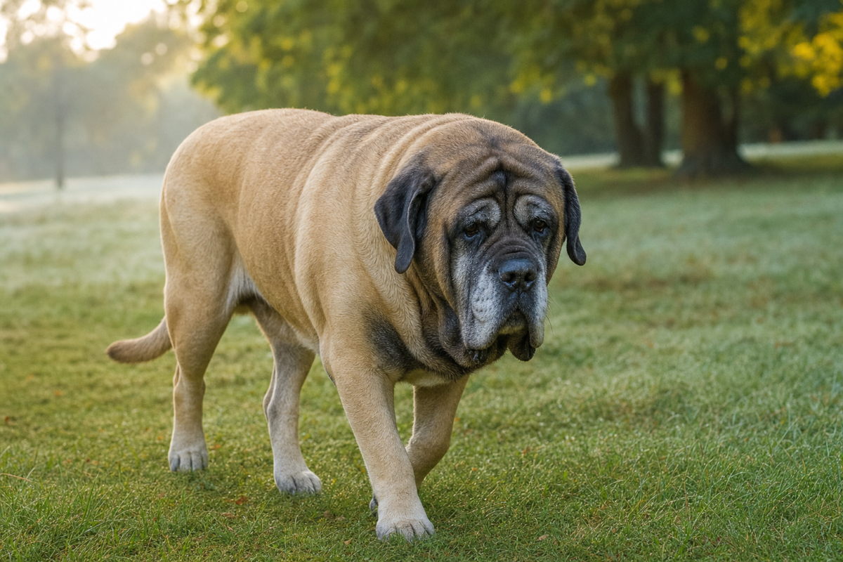 Senior fawn English Mastiff with a black mask and greying muzzle walking slowly across dewy park grass in morning light