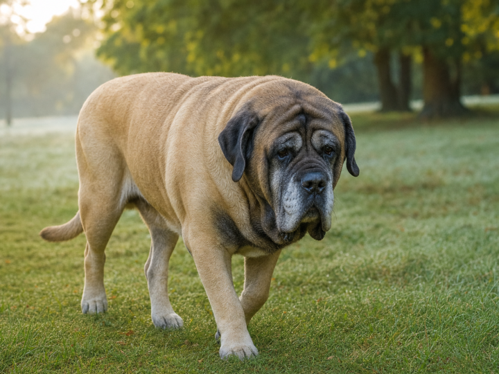 Senior fawn English Mastiff with a black mask and greying muzzle walking slowly across dewy park grass in morning light