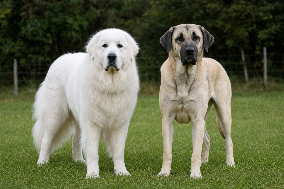 White Great Pyrenees standing beside a taller fawn Anatolian Shepherd with a black mask on a green pasture