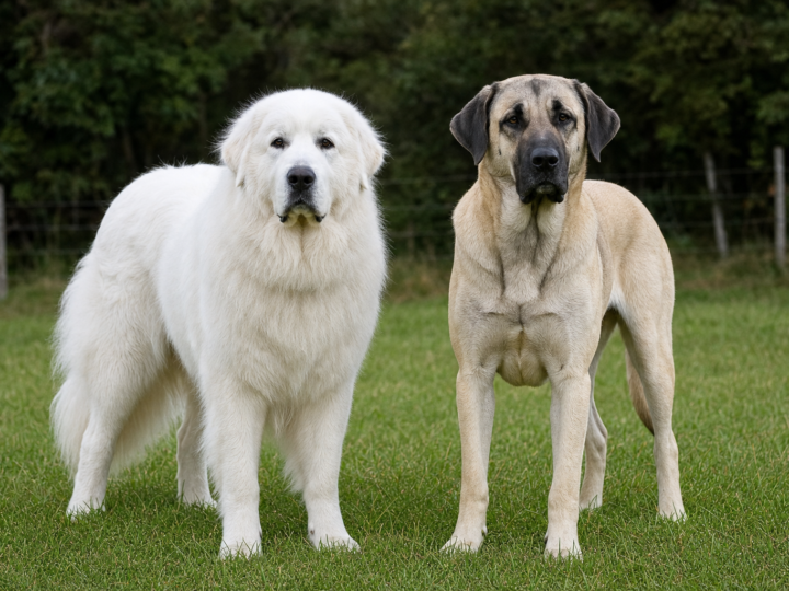 White Great Pyrenees standing beside a taller fawn Anatolian Shepherd with a black mask on a green pasture