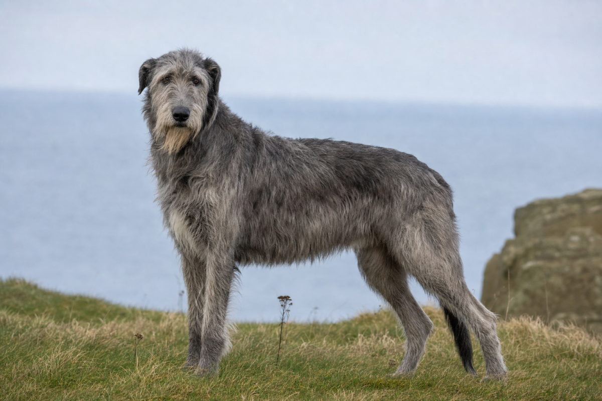Adult grey Irish Wolfhound standing on a grassy coastal headland above the sea