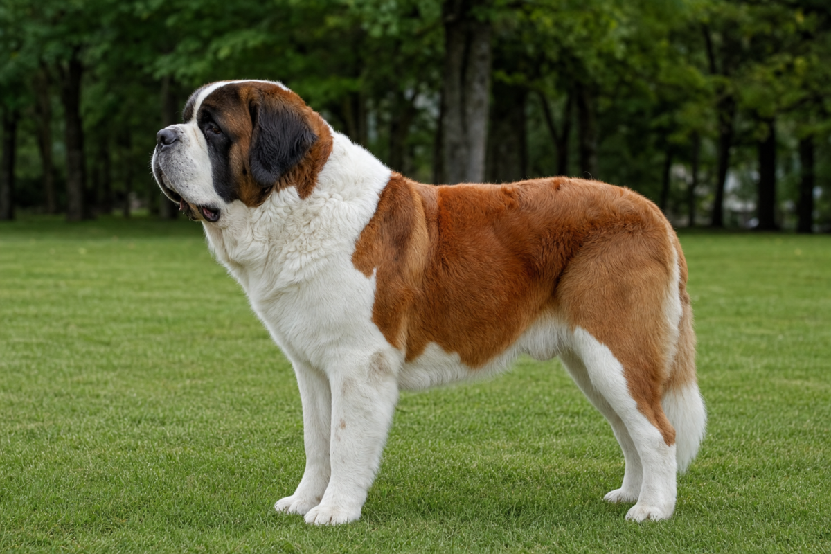Adult red and white Saint Bernard standing in profile on a green park lawn in front of blurred trees