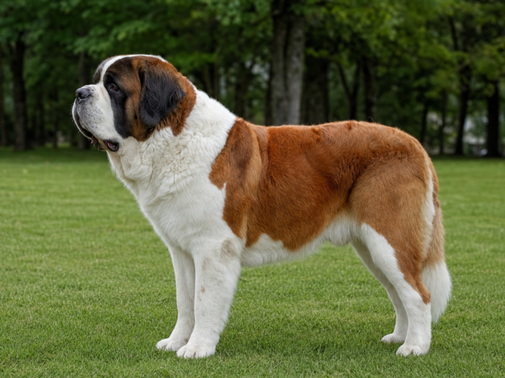 Adult red and white Saint Bernard standing in profile on a green park lawn in front of blurred trees