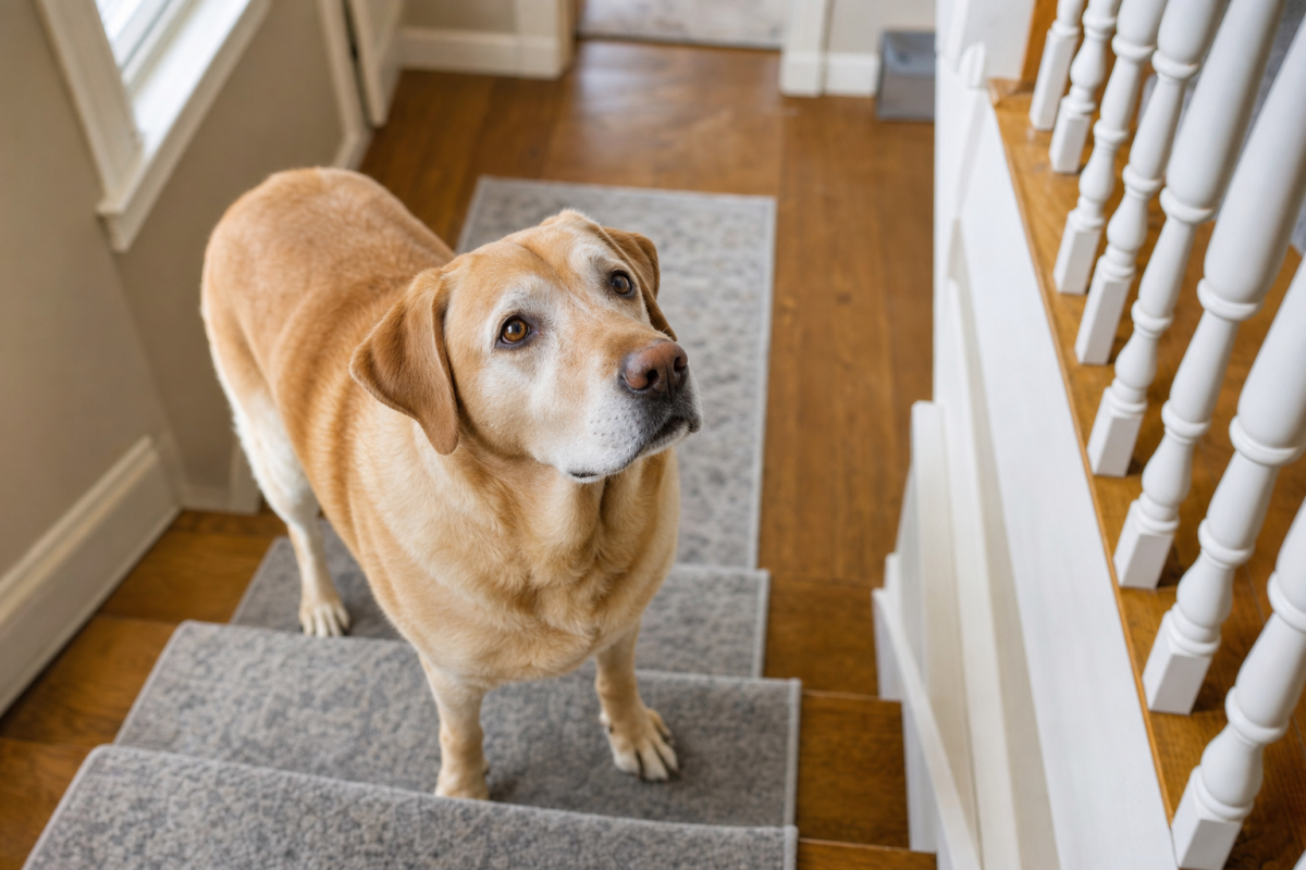 Senior yellow Labrador Retriever with a greying muzzle standing on a grey carpet runner covering indoor wooden stair treads