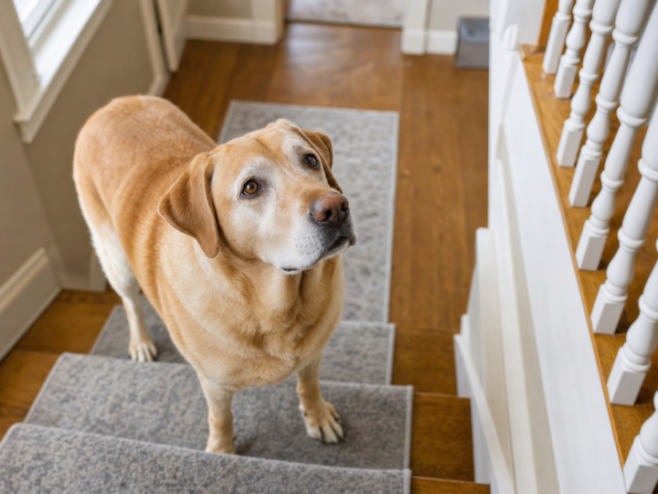 Senior yellow Labrador Retriever with a greying muzzle standing on a grey carpet runner covering indoor wooden stair treads
