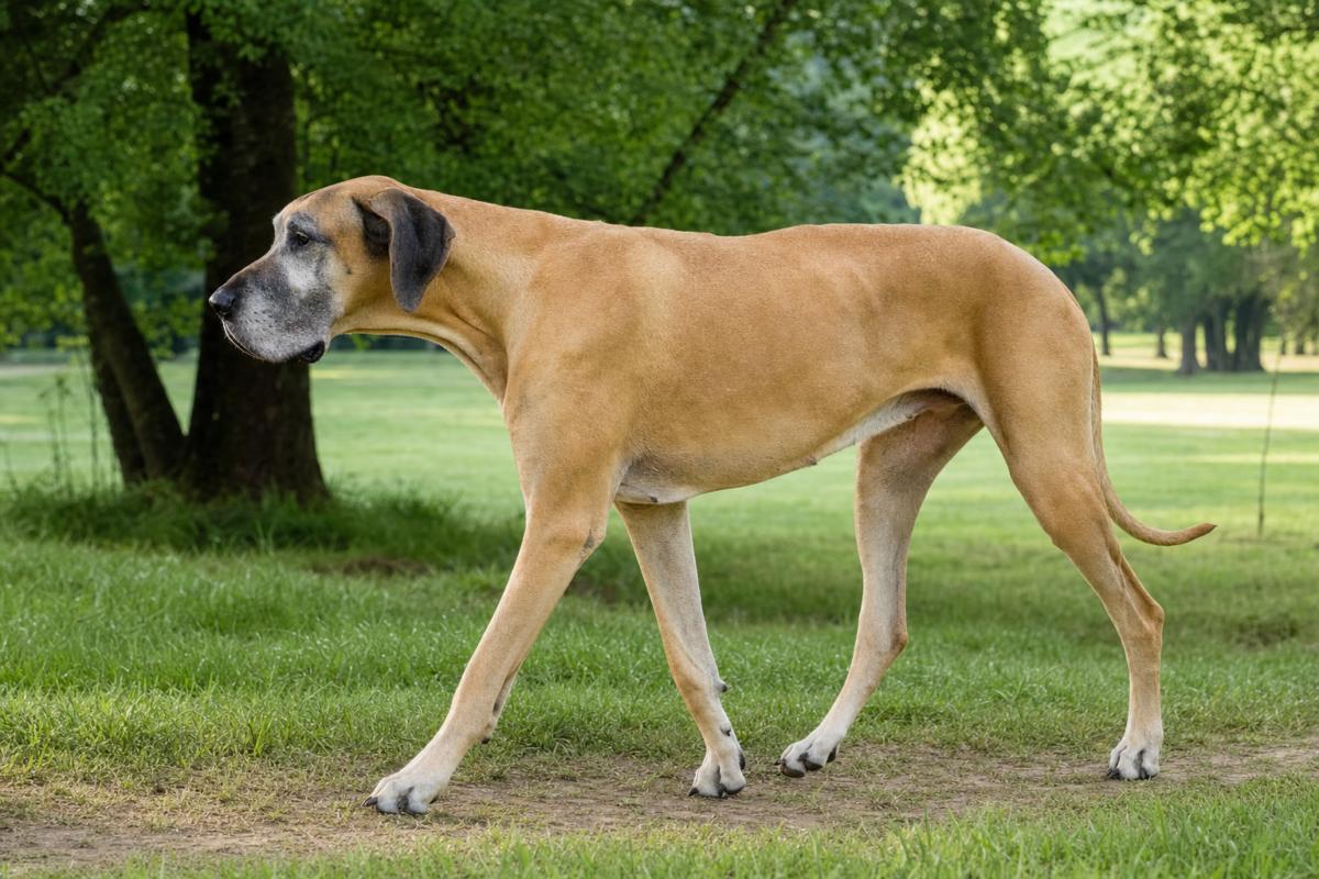 Senior fawn Great Dane with a greying muzzle walking on a grassy path in a green park