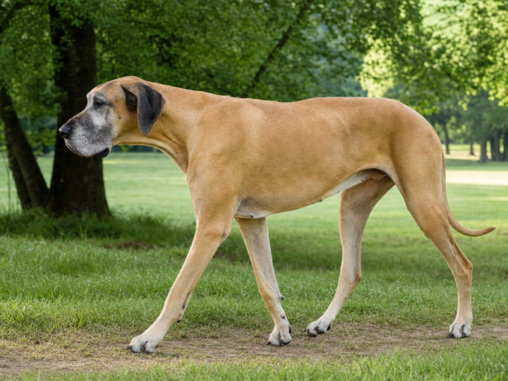 Senior fawn Great Dane with a greying muzzle walking on a grassy path in a green park