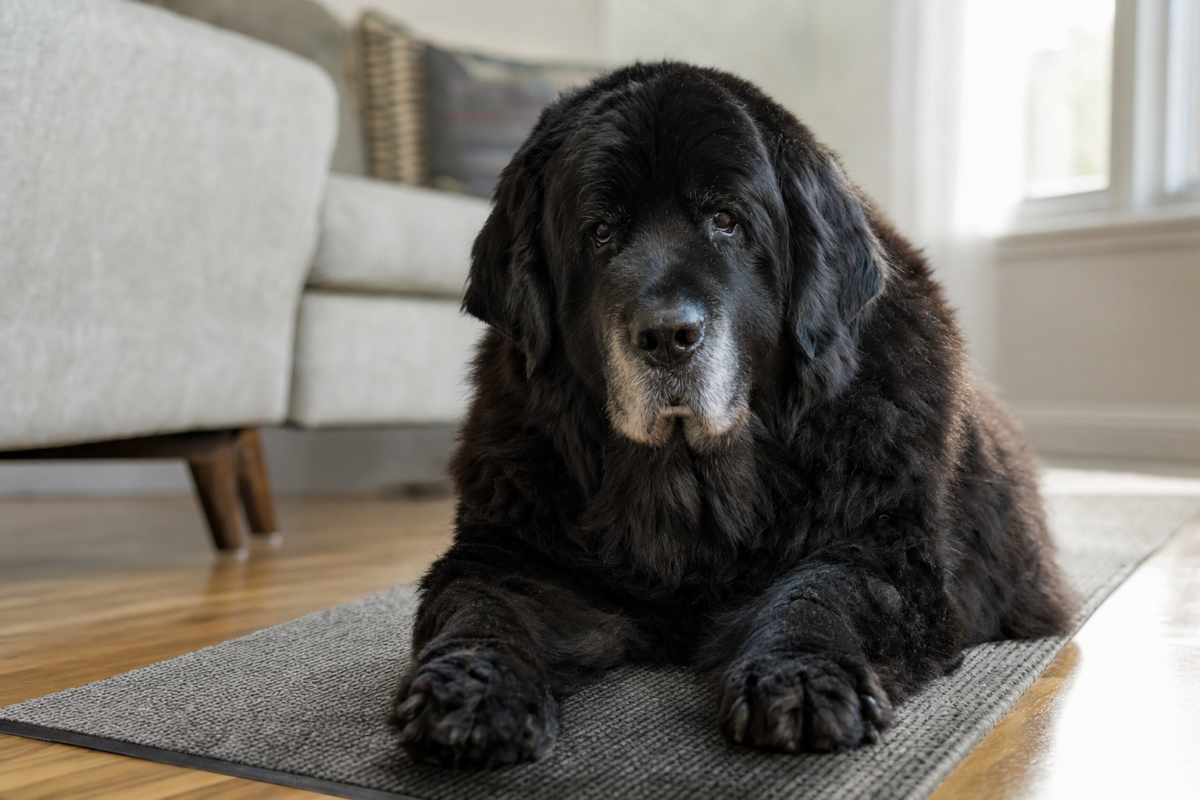 Senior Newfoundland with a thick black coat and greying muzzle lying on a grey runner rug over a hardwood living room floor