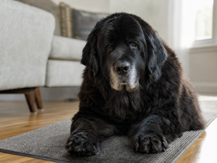 Senior Newfoundland with a thick black coat and greying muzzle lying on a grey runner rug over a hardwood living room floor