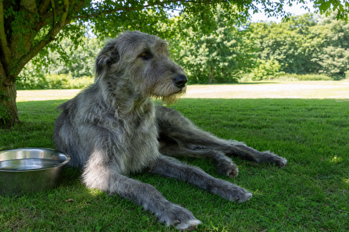 Adult grey rough coated Irish Wolfhound lying in tree shade on green grass beside a large stainless steel bowl of water