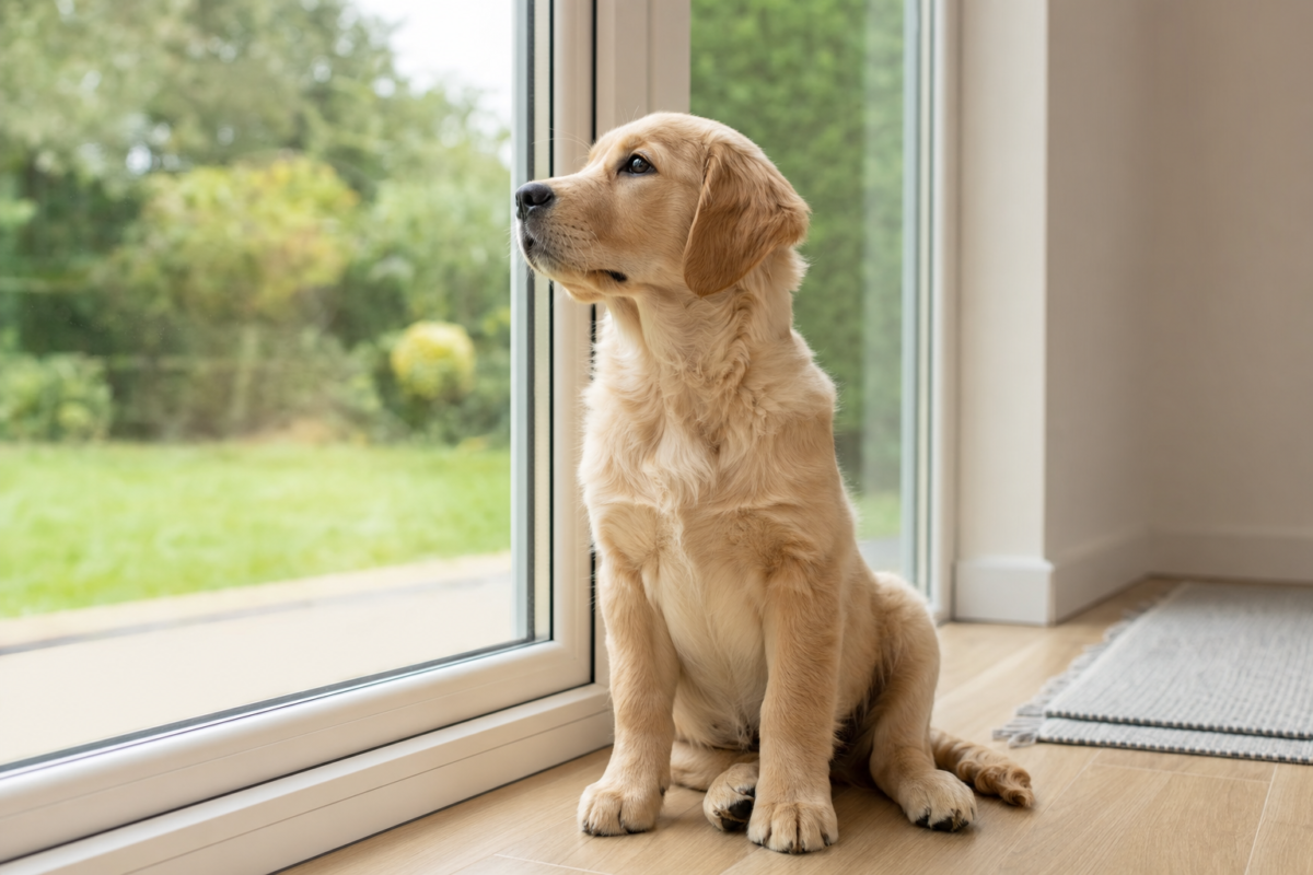 Golden Retriever puppy sitting on a wooden floor in front of a large glass patio door looking out at a garden