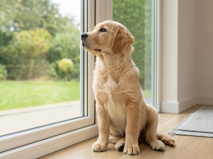Golden Retriever puppy sitting on a wooden floor in front of a large glass patio door looking out at a garden