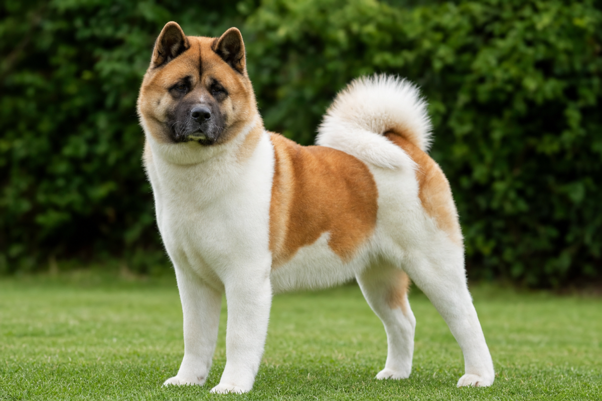Adult American Akita with red and white pinto markings standing on a green lawn in front of a garden hedge