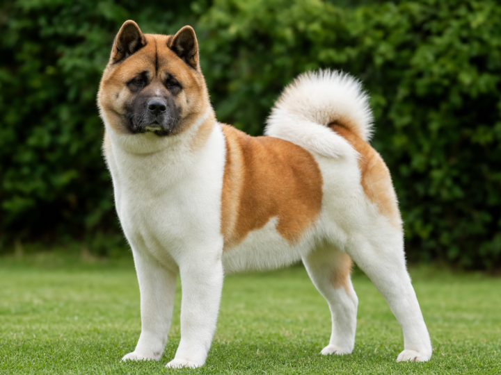 Adult American Akita with red and white pinto markings standing on a green lawn in front of a garden hedge