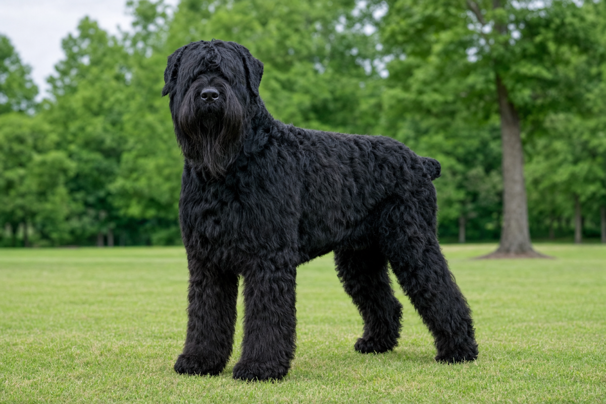 Adult Black Russian Terrier with a heavy black beard and coarse black coat standing on a green park lawn