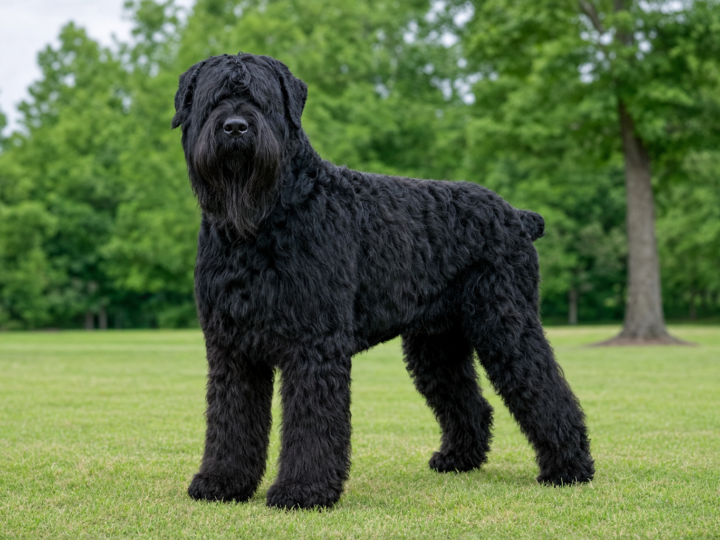 Adult Black Russian Terrier with a heavy black beard and coarse black coat standing on a green park lawn