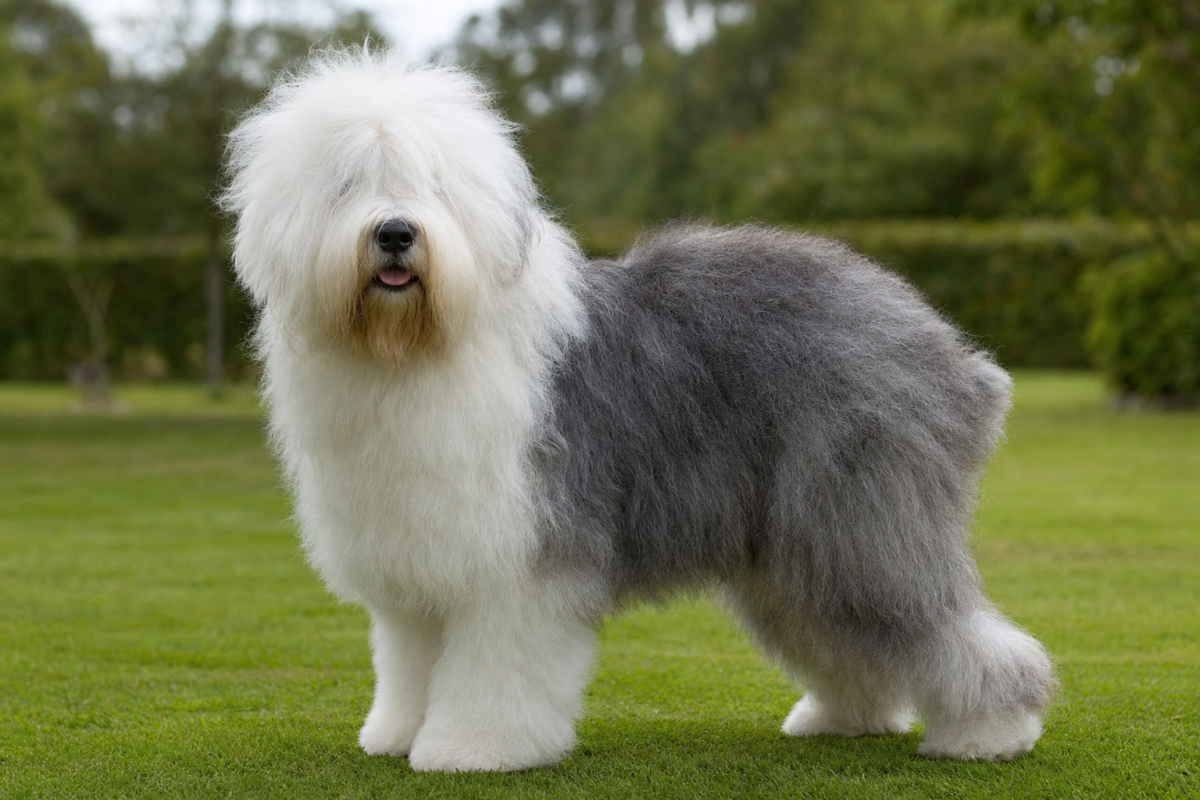 Adult Old English Sheepdog with a shaggy white and grey blue coat standing on a green grass lawn
