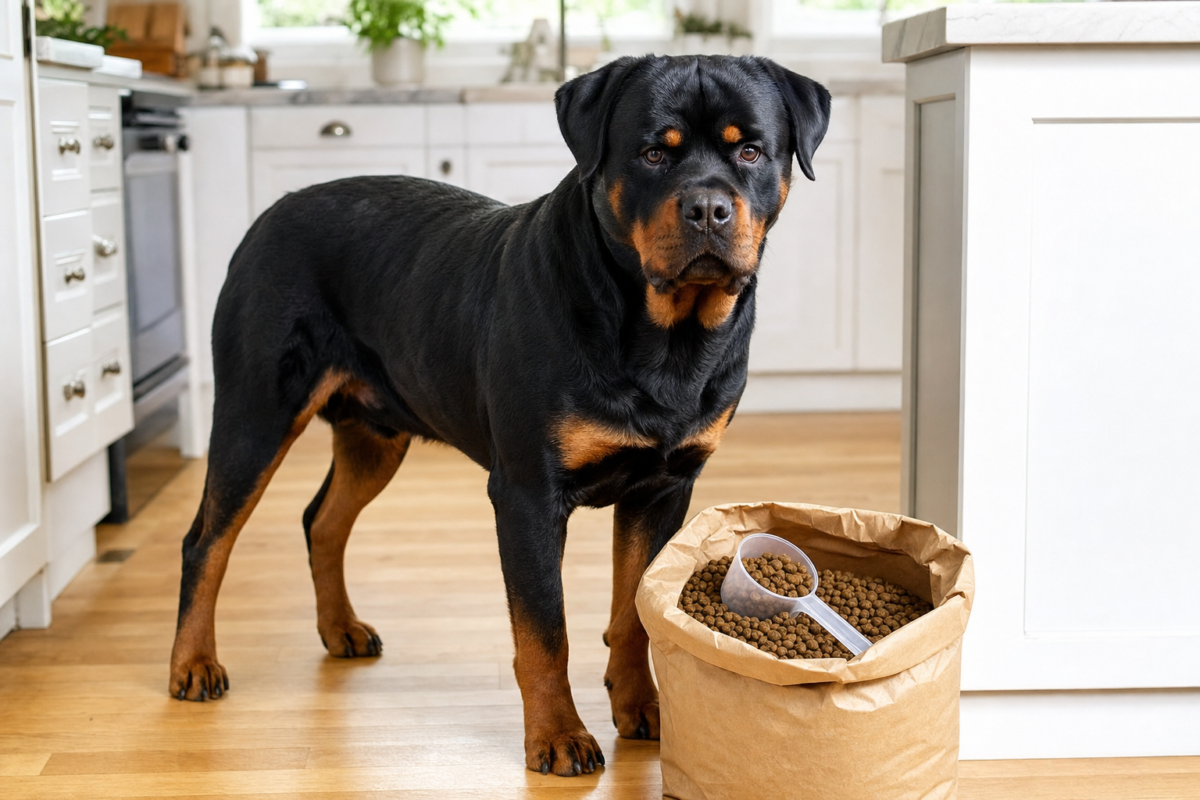 Adult black and mahogany Rottweiler standing on a wooden kitchen floor beside an open sack of dry kibble with a measuring scoop