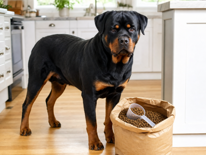 Adult black and mahogany Rottweiler standing on a wooden kitchen floor beside an open sack of dry kibble with a measuring scoop