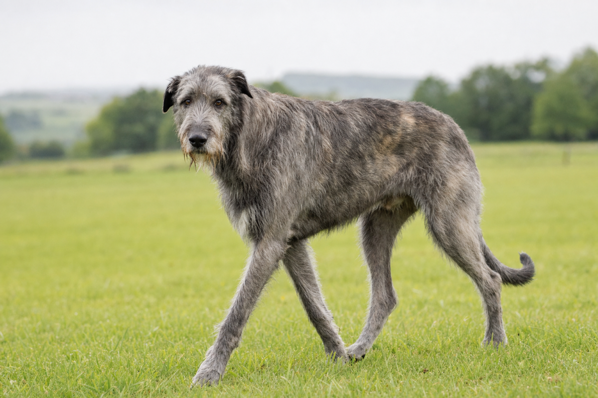 Adult grey brindle Irish Wolfhound walking across an open green grass meadow